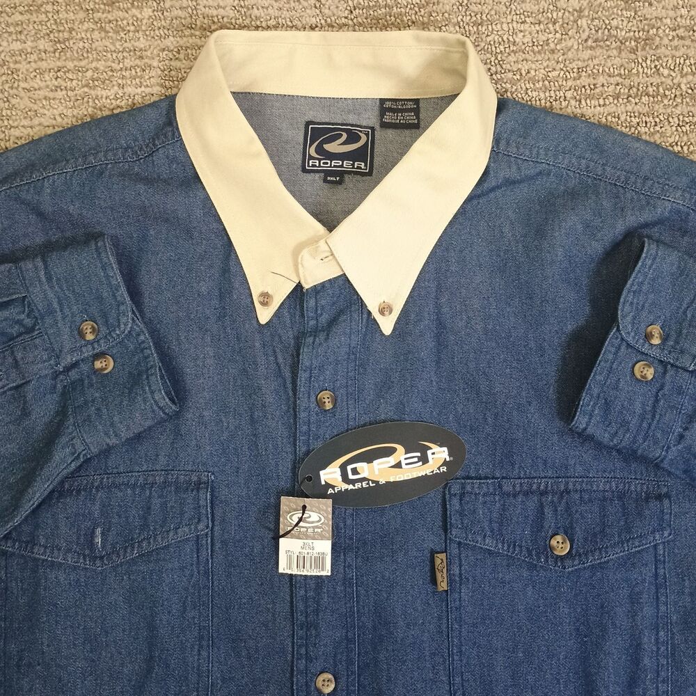 Roper Denim Button Down Shirt Mens 3XLT Blue Cream Western Cowboy 601-812-163BU